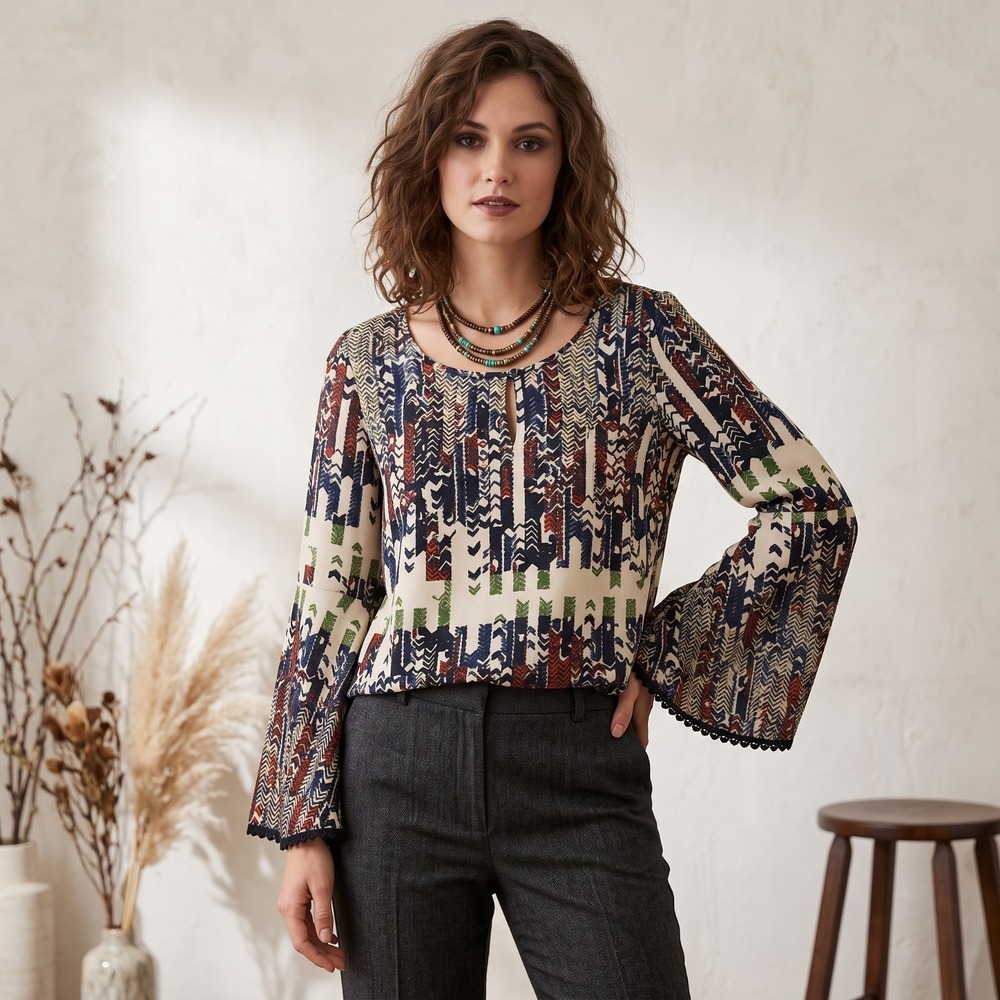 Anna Grace Western Geometric Print Bell Sleeve Festival Boho Top Tribal Desert M